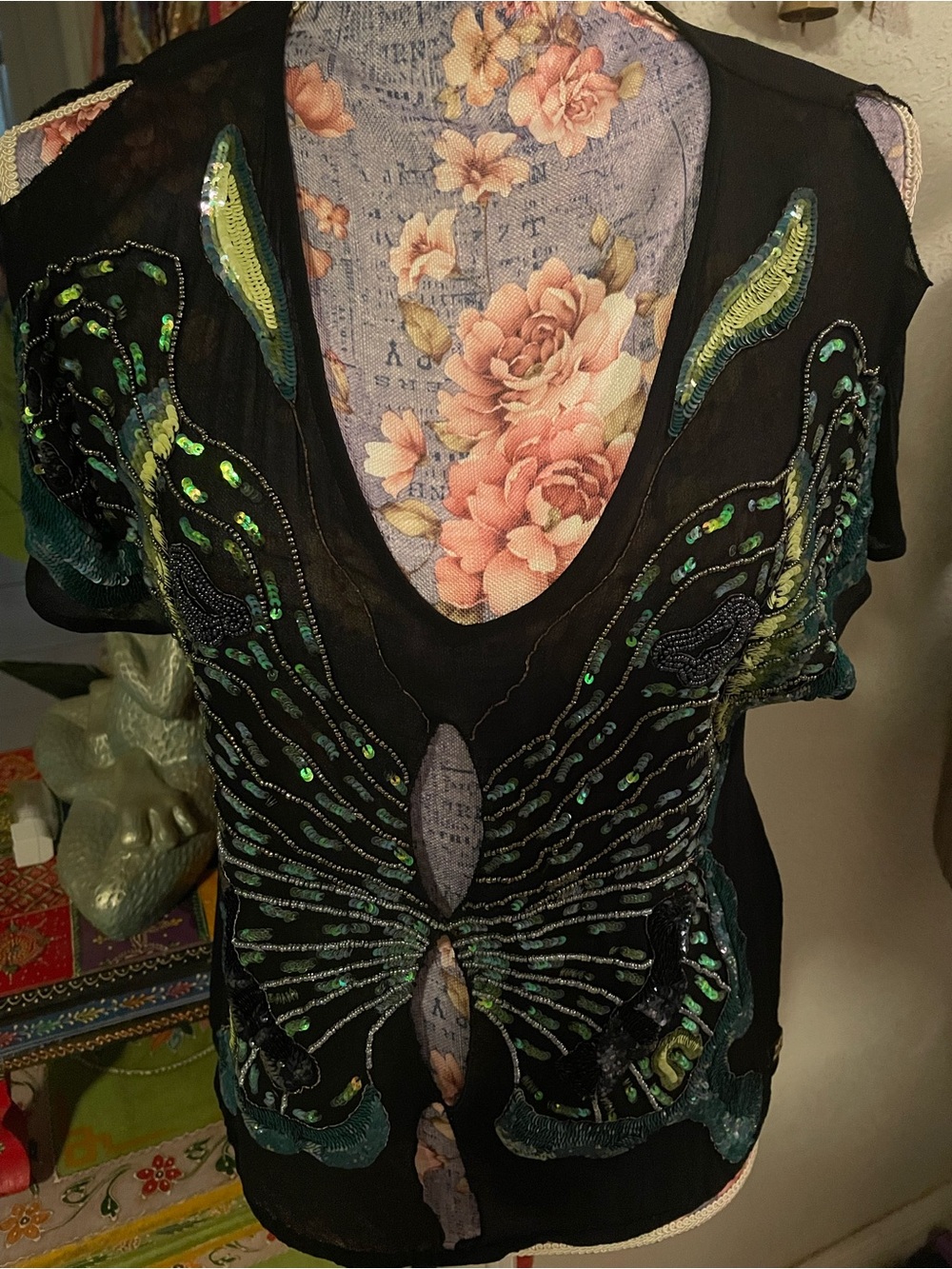 Rare Y2K Miss Sixty Sequin Beaded Fairy Butterfly Cutout Crop Top Vintage Grail